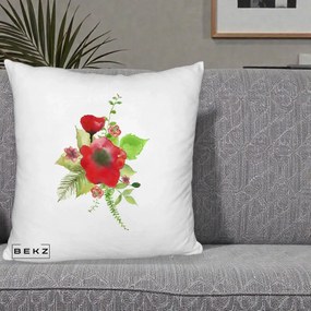 Perna Decorativa Buchet Rosu Acuarela, 40x40 cm, Alb Pufos, Husa Detasabila, Perna Inclusa, BEKZ®