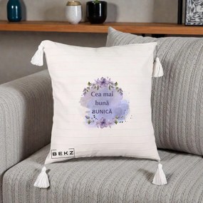 Cadou pentru Bunica - Perna Personalizata Cea Mai Buna Bunica Flori Mov Acuarela Negru, 40x40 cm, Bej cu Franjuri, Husa Detasabila, Perna Inclusa, BEKZ®