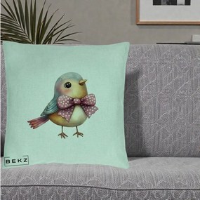 Perna Decorativa Pasare Bleu cu Fundita Roz, 40x40 cm, Verde Menta, Husa Detasabila, Perna Inclusa, BEKZ®