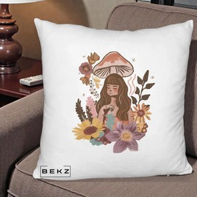 Perna Decorativa Fata Ciuperca Boho Florala, 40x40 cm, Alb Pufos, Husa Detasabila, Perna Inclusa, BEKZ®