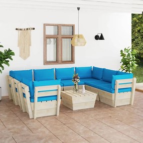 Set mobilier gradina din paleti, 9 piese, cu perne, lemn de molid Albastru deschis, 4x mijloc + 4x colt + masa, 1
