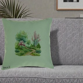 Perna Decorativa Gradina Primavara Acuarela, 40x40 cm, Verde, Husa Detasabila, Perna Inclusa, BEKZ®