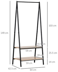 HOMCOM Suport pentru haine, suport pentru pantofi și accesorii de stil contemporan în formă triunghiulară dim. 64L x 43l x 149H cm 2 rafturi MDF lemn deschis oțel negru | Aosom Romania
