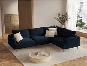 Colțar albastru închis cu tapițerie din catifea (cu colț pe partea dreaptă/în formă de ”L”) Naomi – Micadoni