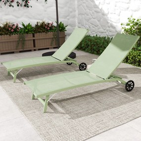 Outsunny Set de 2 șezlonguri din aluminiu și textilenă cu roți spătar rabatabil sarcină max. 150 Kg verde închis | Aosom Romania