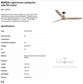 Ventilator de tavan cu telecomanda design modern MOREA maro/ lemn pin