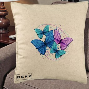 Perna Decorativa Patru Fluturi Turcoaz-Violet, 40x40 cm, Bej, Husa Detasabila, Perna Inclusa, BEKZ®