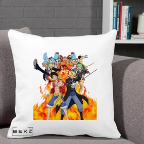 Perna Personalizata One Piece Echipa Straw Hat in Flacari, 40x40 cm, Alba Mata, Husa Detasabila, Perna Inclusa, BEKZ®