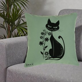 Perna Decorativa Pisica Neagra Grafica Minimalista, 40x40 cm, Verde, Husa Detasabila, Perna Inclusa, BEKZ®