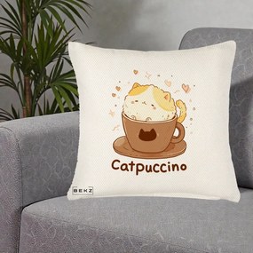 Perna Decorativa Catpuccino Pisica Cappuccino, 40x40 cm, Crem Reliefat, Husa Detasabila, Perna Inclusa, BEKZ®