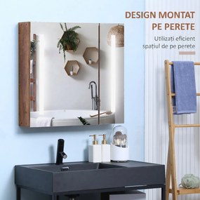 Kleankin Oglindă de Baie cu Lumini LED Reglabile, Dulap de Baie cu 2 Uși cu Oglindă și Raft Reglabil, 70x15x65 cm, Maro | Aosom Romania