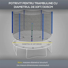 SPORTNOW Plasă Protecție Trambulină Rotundă 305cm cu 6 Stâlpi Drepti Rezistentă Negru/Albastru | Aosom Romania