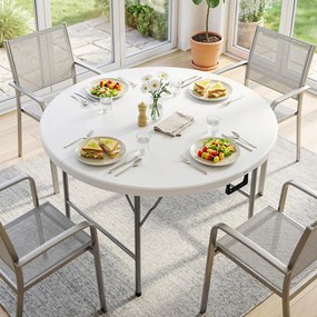 Outsunny Masă Pliabilă de Grădină Φ122 cm, Masă de Picnic Rotundă pentru 6 Persoane, Cadru Metalic, Alb | Aosom Romania