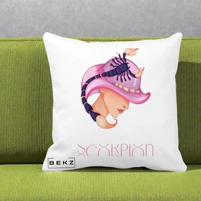 Perna Personalizata Zodiac Scorpion Cowgirl, 40x40 cm, Alba Mata, Husa Detasabila, Perna Inclusa, BEKZ®