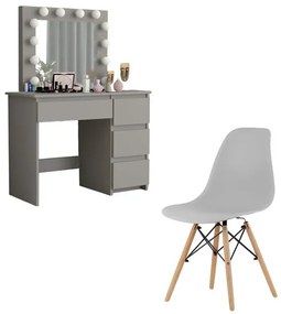 Masa de toaleta/machiaj + Scaun stil scandinav, gri, cu oglinda si LED-uri, 94x43x141 cm
