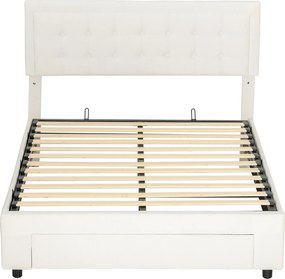 HOMCOM Cadru de pat dublu cu somieră și spațiu de depozitare pe pistoane, sertar pe roți, tăblie reglabilă capitonată efect velur, crem | Aosom Romania
