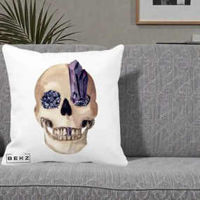 Perna Decorativa Craniu cu Cristale de Ametist, 40x40 cm, Alba Mata, Husa Detasabila, Perna Inclusa, BEKZ®
