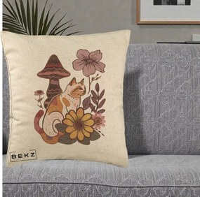 Perna Decorativa Pisica Vintage Florala Boho, 40x40 cm, Bej, Husa Detasabila, Perna Inclusa, BEKZ®