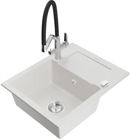 Mexen Enzo chiuvetă de granit cu un compartiment, cu picurător și baterie de bucătărie Duo, Albă - 6506-20-671701-07