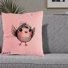 Perna Decorativa Pasare Gri cu Aripi si Inimioare, 40x40 cm, Roz, Husa Detasabila, Perna Inclusa, BEKZ®