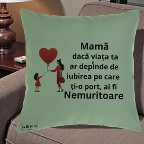 Cadou pentru Mama - Perna Personalizata Mama Nemuritoare cu Bebelus Kawaii, 40x40 cm, Verde, Husa Detasabila, Perna Inclusa, BEKZ®