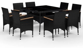 3058344 vidaXL Set mobilier grădină, 9 piese, negru, poliratan și lemn acacia