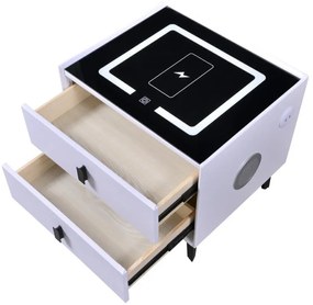 Noptiera SMART Multifunctionala, iluminare LED tactil cu 3 culori, incarcare wireless si USB, difuzor Bluetooth, 2 sertare, Alb