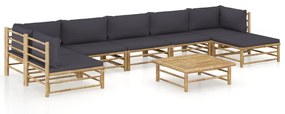 Set mobilier de grădină, 8 piese, perne gri închis, bambus