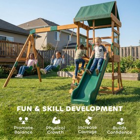 AIYAPLAY Turn de joacă Cadru de cățărat Lemn Cadru de leagăn cu tobogan 2 leagăne Perete de cățărat pentru 3-8 ani 315x284x233 cm Verde | Aosom Romania