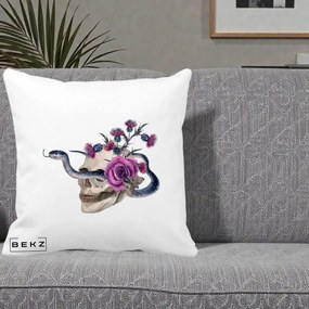 Perna Decorativa Craniu cu Sarpe si Trandafiri Gothic, 40x40 cm, Alba Mata, Husa Detasabila, Perna Inclusa, BEKZ®