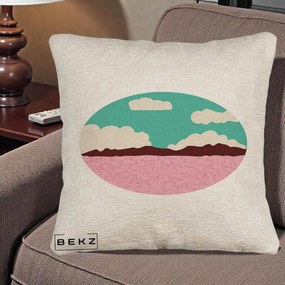 Perna Decorativa Peisaj Desert Oval Pastel, 40x40 cm, Bej Canapea, Husa Detasabila, Perna Inclusa, BEKZ®