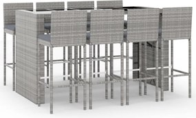 vidaXL Set mobilier bar de grădină, cu perne, 9 piese, gri, poliratan