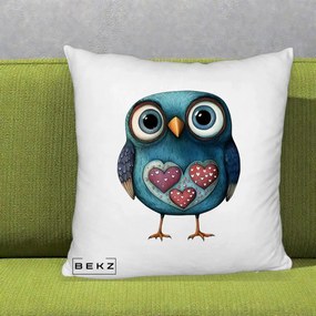 Perna Decorativa Bufnita Teal cu Doua Inimi, 40x40 cm, Alb Pufos, Husa Detasabila, Perna Inclusa, BEKZ®
