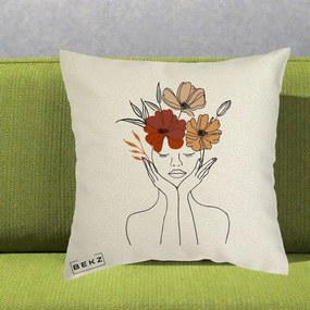 Perna Decorativa Portret Feminin Coroana Trei Flori, 40x40 cm, Ecru, Husa Detasabila, Perna Inclusa, BEKZ®