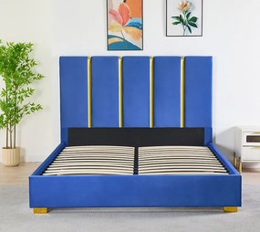 Pat Tapitat Catifea Albastru 160x200 cm cu Somiera si Saltea  Inclusa ,   Cod LB-214