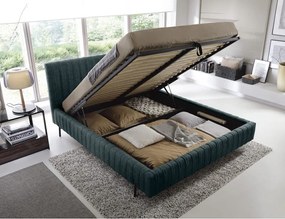 Pat matrimonial petrol tapițat cu spațiu de depozitare cu somieră 140x200 cm Plissa – ELTAP