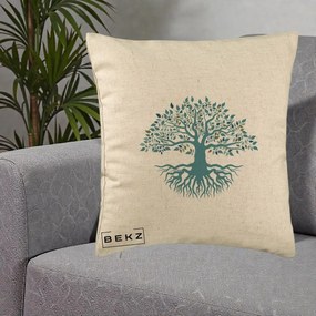 Perna Decorativa Copacul Vietii Teal cu Radacini, 40x40 cm, Bej, Husa Detasabila, Perna Inclusa, BEKZ®