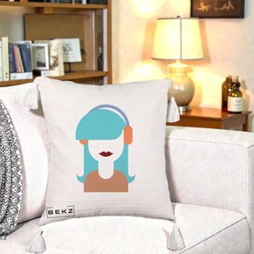 Perna Decorativa Fata cu Casti Muzica Grafic, 40x40 cm, Bej cu Franjuri, Husa Detasabila, Perna Inclusa, BEKZ®