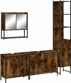 vidaXL Set mobilier de baie, 4 piese, stejar fumuriu, lemn prelucrat