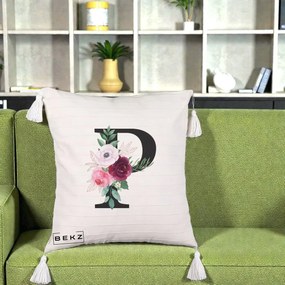 Cadou Personalizat - Perna Personalizata Monograma Florala Litera P, 40x40 cm, Bej cu Franjuri, Husa Detasabila, Perna Inclusa, BEKZ®