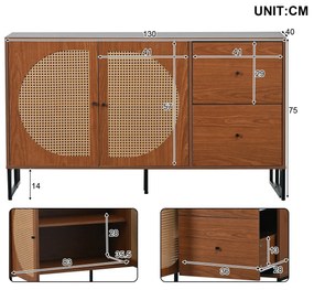 Comodă Modernă cu 2 Uși Decorate în Rattan și 2 Sertare, Mânere din Metal, Multiutilizare pentru Living, Bucătărie și Birou, 130x40x75 cm, Culoare nuc