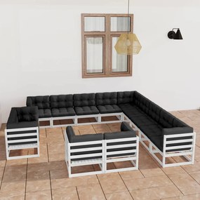 Set mobilier de gradina cu perne,13 piese,alb,lemn masiv de pin Alb, 1, Da