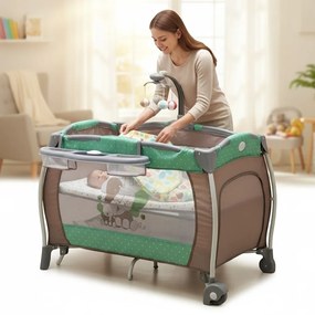 Patut Pliabil rotund cu balansoar, Tarc copii Baby Care™ PRO FRW, 2 Niveluri de inaltime, Cu melodii si Masa infasat, Carusel cu jucarii din plus,