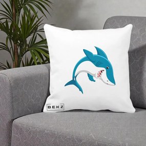Perna Decorativa Rechin Albastru Cartoon, 40x40 cm, Alba Mata, Husa Detasabila, Perna Inclusa, BEKZ®