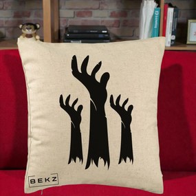 Perna Decorativa Halloween Maini Zombie Alb-Negru, 40x40 cm, Bej, Husa Detasabila, Perna Inclusa, BEKZ®