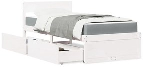 vidaXL Pat cu sertare și saltea, alb, 90x200 cm, lemn masiv pin