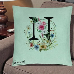 Cadou Personalizat - Perna Personalizata Monogram Litera N cu Flori Acuarela, 40x40 cm, Verde Menta, Husa Detasabila, Perna Inclusa, BEKZ®