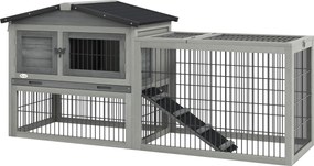 PawHut Cuib Exterior din Lemn de Brad cu Rampă, Acoperiș Rabatabil Impermeabil, Sertar Detașabil, Cuib pentru Iepuri, Animale Mici, Gri Deschis | Aosom Romania