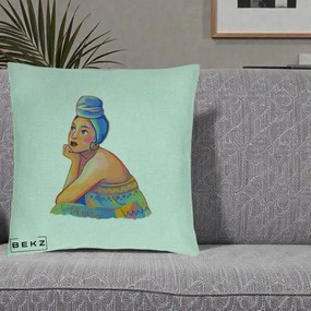 Perna Decorativa Portret Femeie Contemplativa, 40x40 cm, Verde Menta, Husa Detasabila, Perna Inclusa, BEKZ®