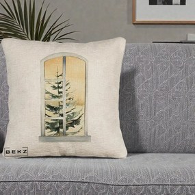 Perna Decorativa Fereastra cu Brad de Iarna, 40x40 cm, Bej Canapea, Husa Detasabila, Perna Inclusa, BEKZ®